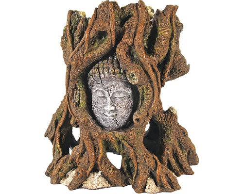 Décoration d'aquarium Koramu visage dans arbre 20 x 13 x 20 cm Décoration pour aquarium avec visage de Bouddha aspect tronc d''arbre