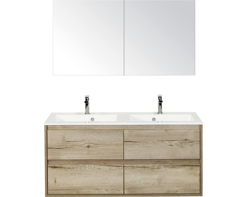 Set de meubles de salle de bains Sanox Porto lxhxp 120 x 170 x 50 cm couleur de façade chêne naturel avec vasque en fonte minérale blanc