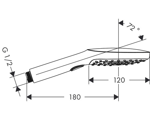 Technische Zeichnung eines Duschkopfes mit Maßangaben
