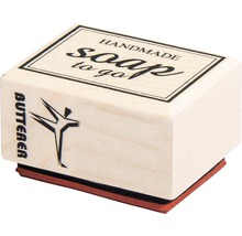 Holzstempel mit der Aufschrift ''Handmade Soap to go''