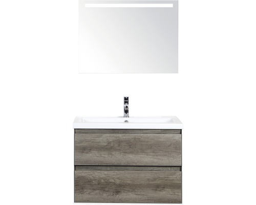 Badmöbel-Set Sanox Evora BxHxT 81 x 170 x 45,5 cm Frontfarbe nebraska oak mit Waschtisch Keramik weiß und Waschtischunterschrank Waschtisch Spiegel mit LED-Beleuchtung
