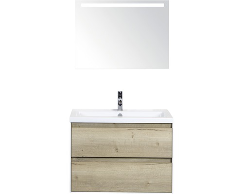 Set de meubles de salle de bains Sanox Evora lxhxp 81 x 170 x 45,5 cm couleur de façade chêne naturel avec vasque céramique blanc et meuble sous vasque vasque miroir avec éclairage LED