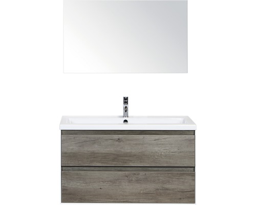 Badmöbel-Set Sanox Evora BxHxT 100 x 170 x 45,5 cm Frontfarbe nebraska oak mit Waschtisch Keramik weiß und Waschtischunterschrank Waschtisch Spiegel