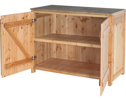 Holzschrank mit zwei Regalen und geöffneten Türen