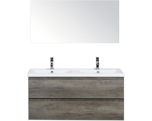 Doppelbadmöbel Sanox Evora BxHxT 120 x 170 x 45,5 cm Frontfarbe nebraska oak mit Waschtisch Keramik weiß und Waschtischunterschrank Doppelwaschtisch Spiegel 84733324