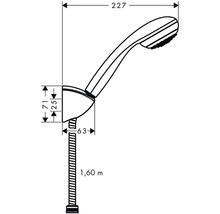 Technische Zeichnung einer Handbrause mit den Maßen 227, 71, 25 und 63 sowie einem Schlauch von 1,60 Meter Länge.