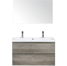 Ensemble de meuble-lavabo avec miroir, deux tiroirs et deux robinets