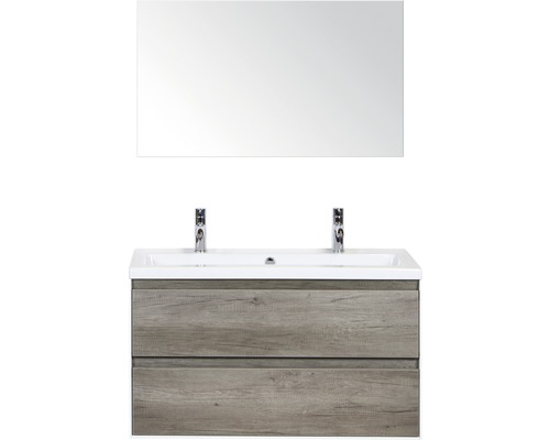 Ensemble de meuble-lavabo avec miroir, deux tiroirs et deux robinets