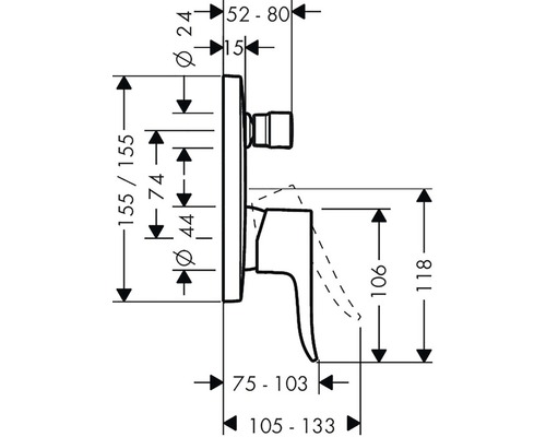 Maßzeichnung einer Armatur mit verschiedenen Maßangaben.