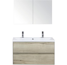 Meuble-lavabo avec deux tiroirs, double vasque, deux robinets et armoire de toilette