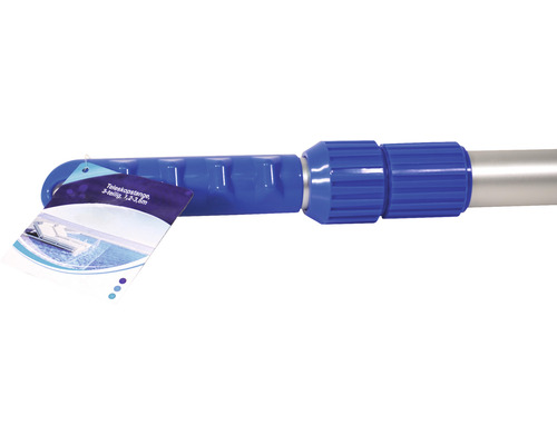 Tige télescopique avec poignée bleue et étiquette