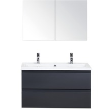 Meuble sous-lavabo avec deux tiroirs, lavabo à poser et armoire de toilette