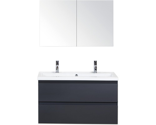 Meuble sous-lavabo avec deux tiroirs, lavabo à poser et armoire de toilette