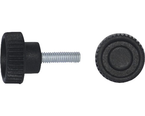 Rändelgriffschraube Ø 32 mm M10x20 schwarz Rändelschraube mit Gewinde in Seiten- und Vorderansicht