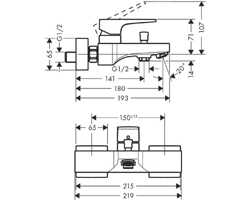 Schéma technique d''un robinet avec indications de dimensions