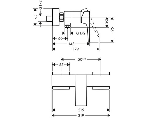 Maßzeichnung einer Armatur mit verschiedenen Größenangaben