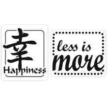 Deux autocollants avec les inscriptions Happiness et Less is more
