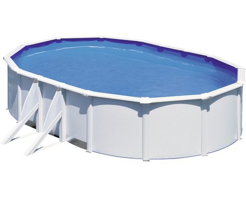 Kit de piscine hors sol à paroi en acier Gre Vision-Pool Classic ovale 610x375x120 cm avec groupe de filtration à sable, échelle, skimmer intégré, sable filtrant et flexible de raccordement blanc