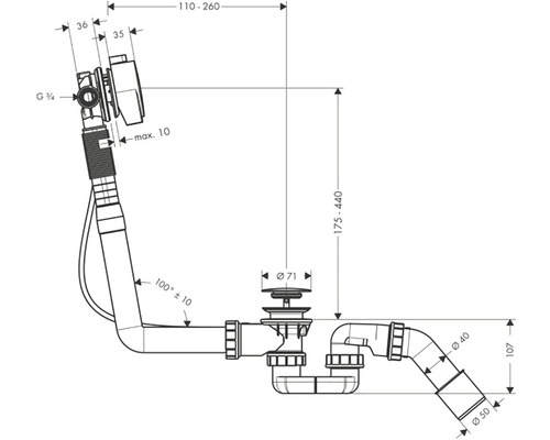 Technische Zeichnung eines Badewannenablaufs mit Maßangaben.