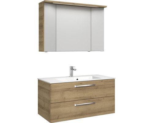 Set de meubles de salle de bains Pelipal Kumba lxhxp 107 x 200 x 50 cm couleur de façade chêne riviera avec vasque en fonte minérale blanc 99.107012147