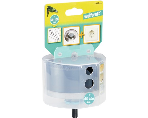 Scie cloche Wolfcraft d''un diamètre de 68 à 100 millimètres dans son emballage.