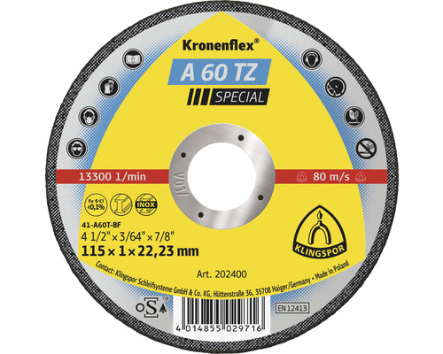 Disque à tronçonner Klingspor A 60 TZ Spécial Ø 115x22.23 mm Disque à tronçonner Klingspor A 60 TZ Spécial Ø 115x22.23 mm