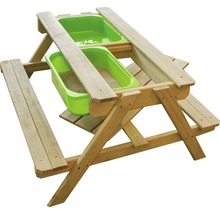 Sandtisch aus Holz mit zwei grünen Kunststoffwannen