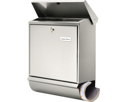 Geöffneter Briefkasten aus Edelstahl mit Zeitungsfach