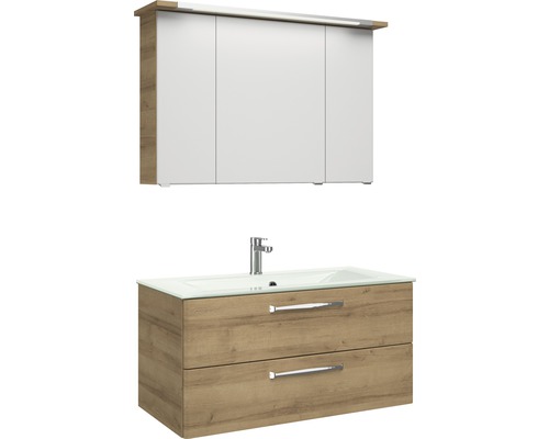 Set de meubles de salle de bains Pelipal Kumba lxhxp 107 x 200 x 50 cm couleur de façade chêne riviera avec vasque en verre blanc 99.107032547