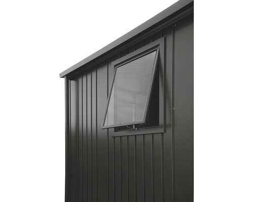 Fenêtre biohort pour Europa 50x60 cm, gris foncé-métallique Vue détaillée d''une maison de jardin avec une fenêtre ouverte