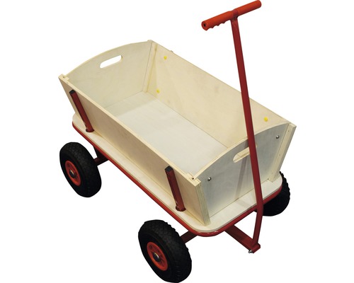 Bollerwagen mit Holzaufbau und rotem Stahlrohrrahmen