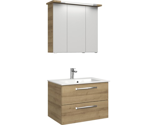 Set de meubles de salle de bains Pelipal Kumba lxhxp 77 x 200 x 50 cm couleur de façade chêne riviera avec vasque en fonte minérale blanc 99.77012547