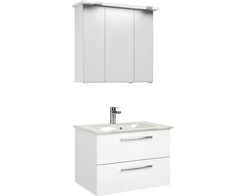 Set de meubles de salle de bains Pelipal Kumba lxhxp 77 x 200 x 50 cm couleur de façade blanc haute brillance avec vasque en verre blanc 99.77032509