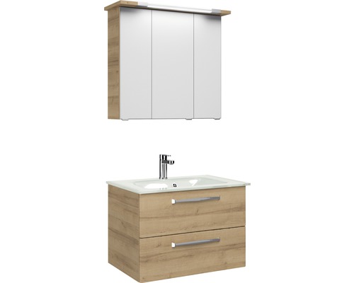 Set de meubles de salle de bains Pelipal Kumba lxhxp 77 x 200 x 50 cm couleur de façade chêne riviera avec vasque en verre blanc 99.77032547