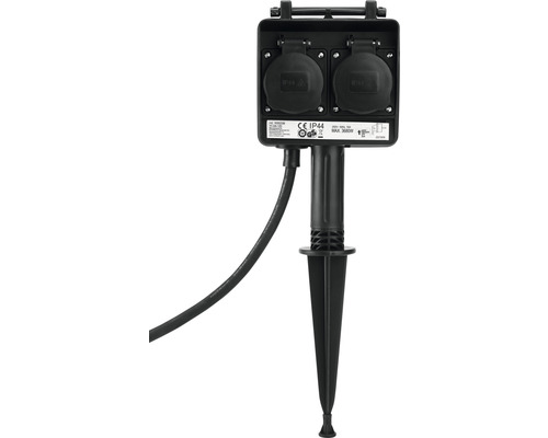 Prise de jardin avec piquet de terre 2 connexions IP44 1,5 m câble noir jusqu’à 3680 Watt max.