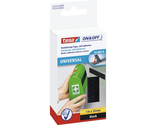 tesa On & Off Klettband schwarz 1m x 20mm Tesa Klettband selbstklebend, 1 Meter mal 20 Millimeter, schwarz, Verpackung