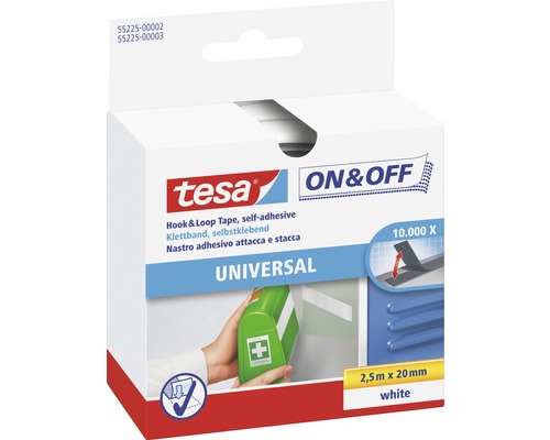 Bande auto-agrippante tesa® On&Off blanc 2,5 m x 20 mm Ruban auto-agrippant universel Tesa, 2,5 m x 20 mm