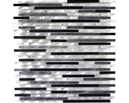 Aluminiummosaik XAM 881 grau schwarz silber 29,8x31,8 cm Mosaikfliese mit länglichen, dunklen und silberfarbenen Elementen