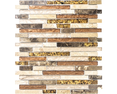 Glasmosaik Crystal mit Naturstein braun beige 29,8x33,8 cm Mosaikfliese mit verschiedenen Stein- und Glaselementen