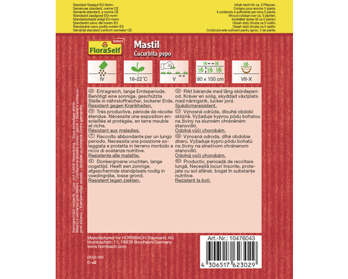 Emballage de graines de courge FloraSelf Select Mastil avec des informations sur la culture et les propriétés