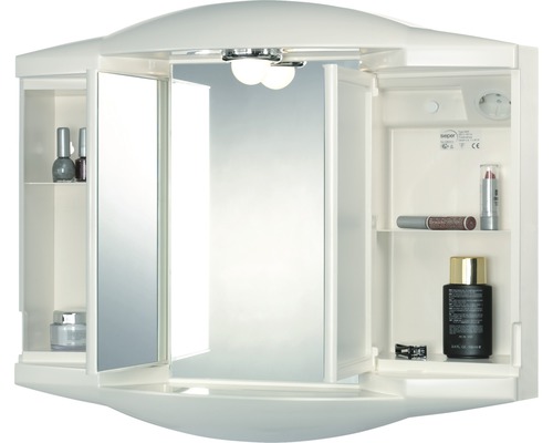 Armoire de toilette blanche avec portes ouvertes, éclairage et étagères internes pour les produits de salle de bain