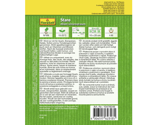Sachet de graines de ciboulette Staro FloraSelf avec des informations sur la culture et l''utilisation