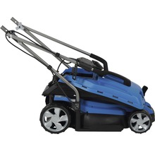 Tondeuse à gazon bleue avec roues et poignée