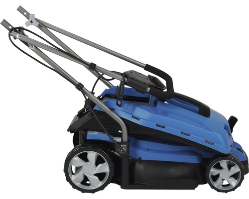 Tondeuse à gazon bleue avec roues et poignée