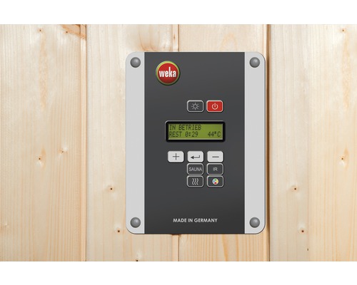 Weka Logo. Steuergerät einer Sauna an einer Holzwand mit Display und diversen Tasten. Hergestellt in Deutschland.