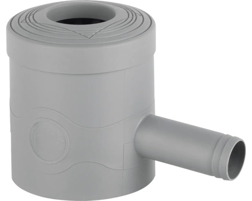 Vue de dessus d''un siphon de cour gris avec sortie latérale