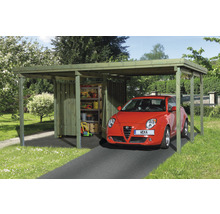 Carport aus Holz mit Geräteschuppen und einem geparkten Auto