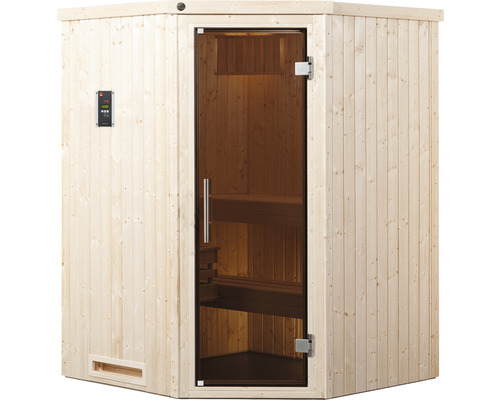 Holzsauna mit Glastür und Bedienfeld