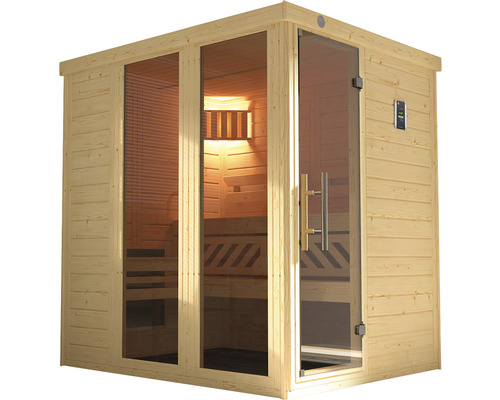 Sauna en bois avec porte et fenêtres en verre