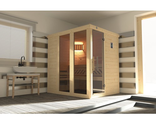 Sauna en bois massif Weka Kemi Panorama taille 1 avec poêle bio 7,5 kW et commande numérique, avec fenêtre et porte entièrement vitrée couleur graphite